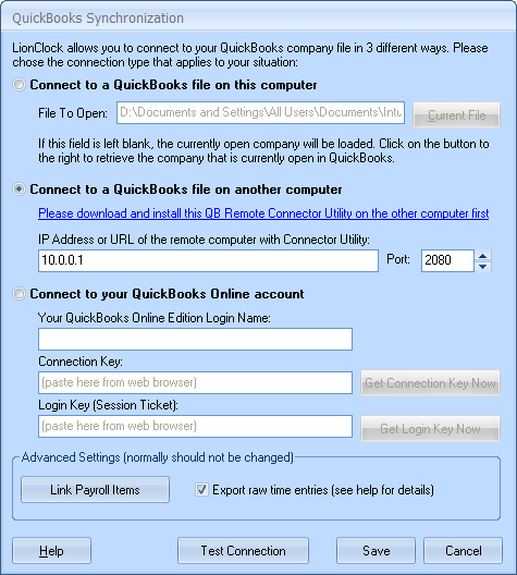 lionclock qb connection settings